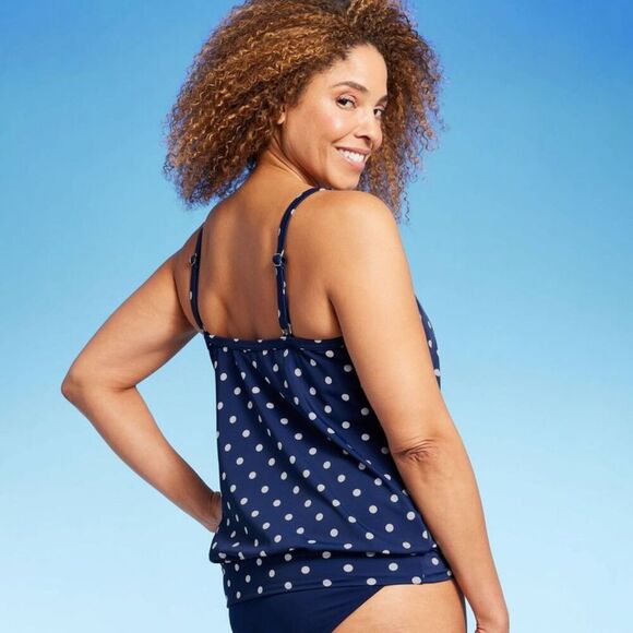 Navy White Polka Dots Women's Blouson Tankini Swimwear UPF 50 size M fits L - Picture 7 of 7